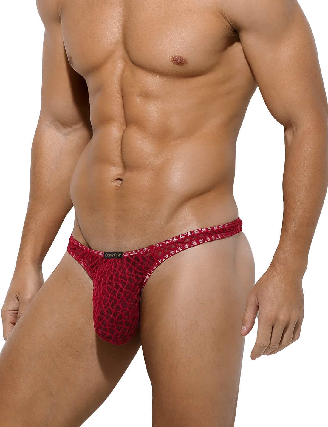 Wine Red Fishnet Lace See Through T Back Thong front model view