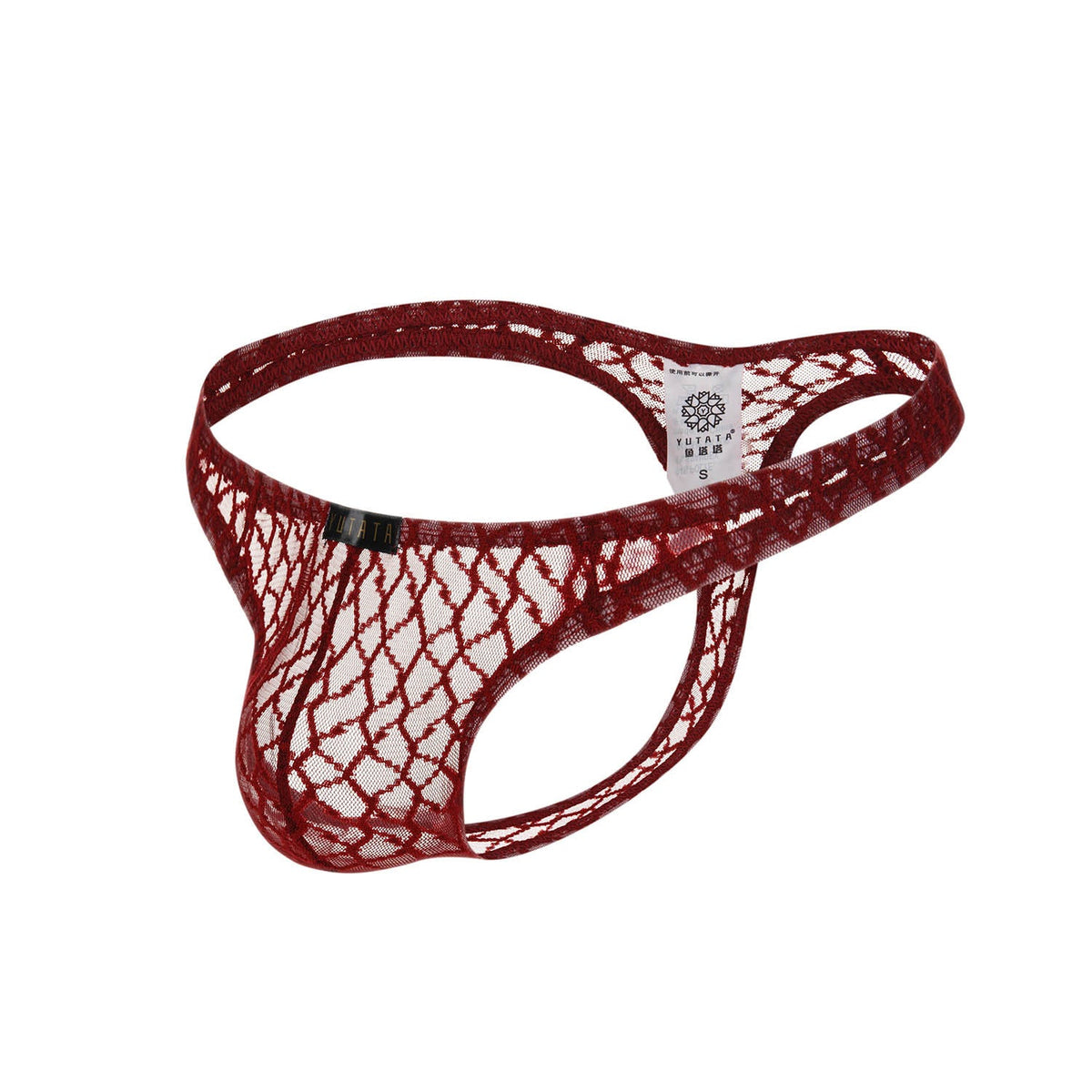 Wine Red Fishnet Lace See Through T Back Thong product view, additional angle view 2