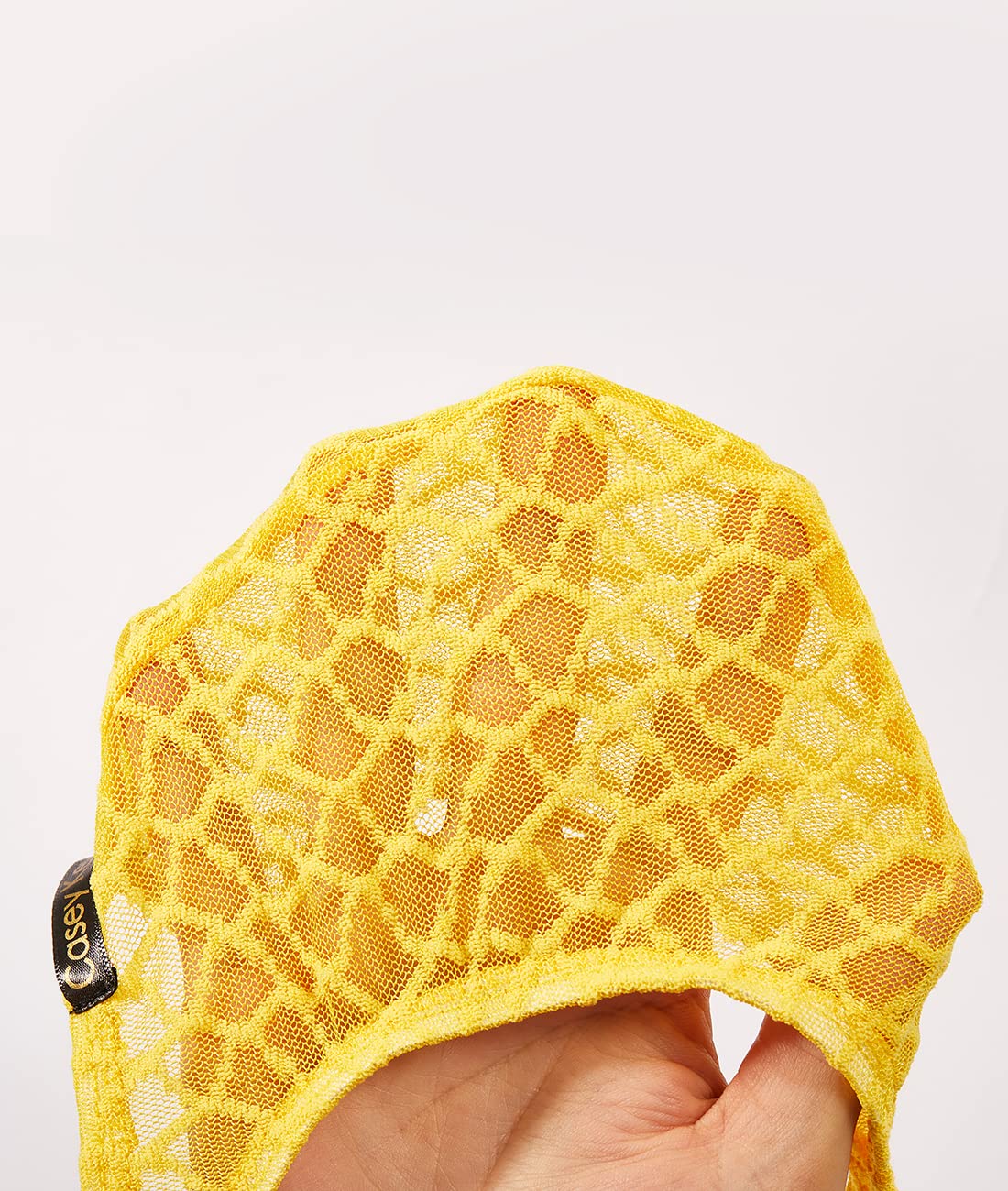 Close detail of yellow Fishnet Lace See Through T Back Thong