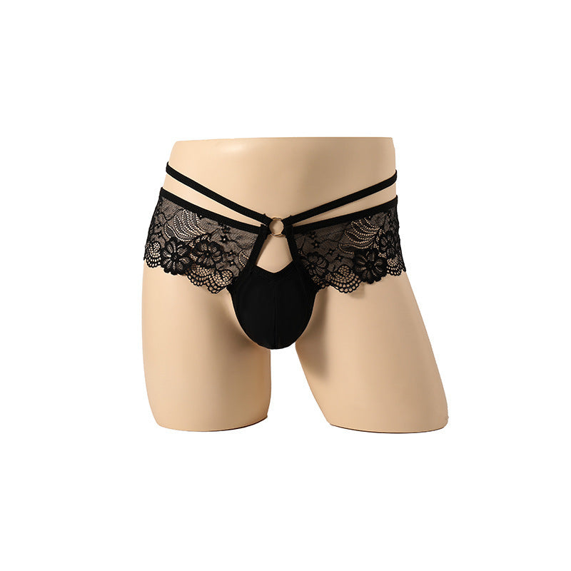 Black Floral Lace Ruffle Double Strap Thong flat lay