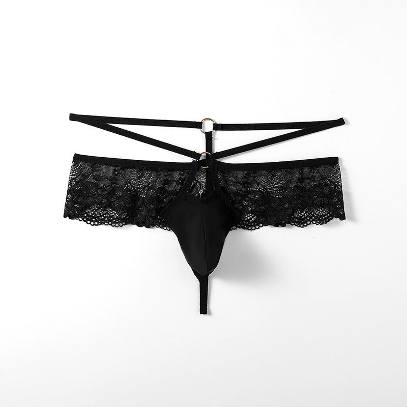 Flat lay of black Floral Lace Ruffle Double Strap Thong