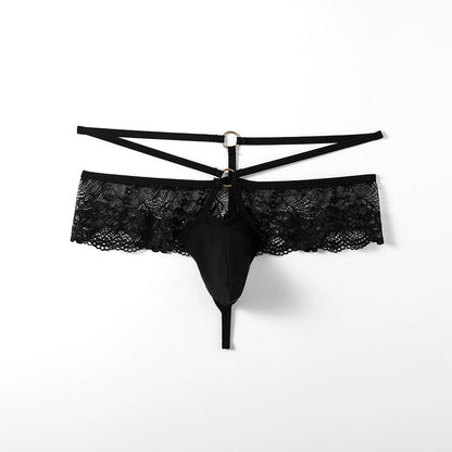 Flat lay of black Floral Lace Ruffle Double Strap Thong