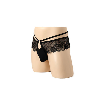 Black Floral Lace Ruffle Double Strap Thong side view