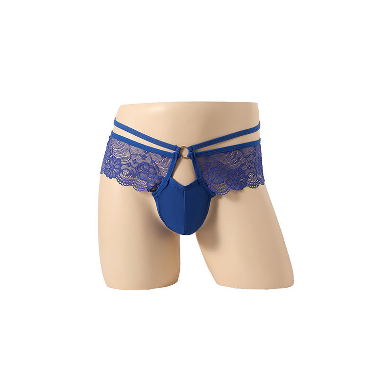 Blue Floral Lace Ruffle Double Strap Thong flat lay