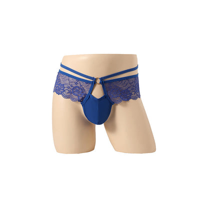 Blue Floral Lace Ruffle Double Strap Thong flat lay