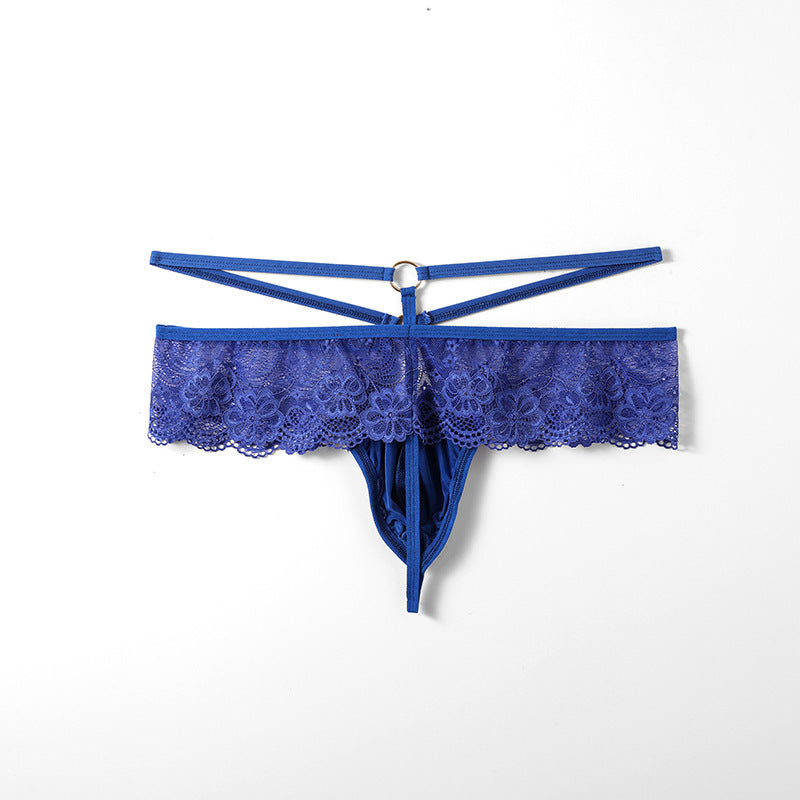Flat lay of blue Floral Lace Ruffle Double Strap Thong