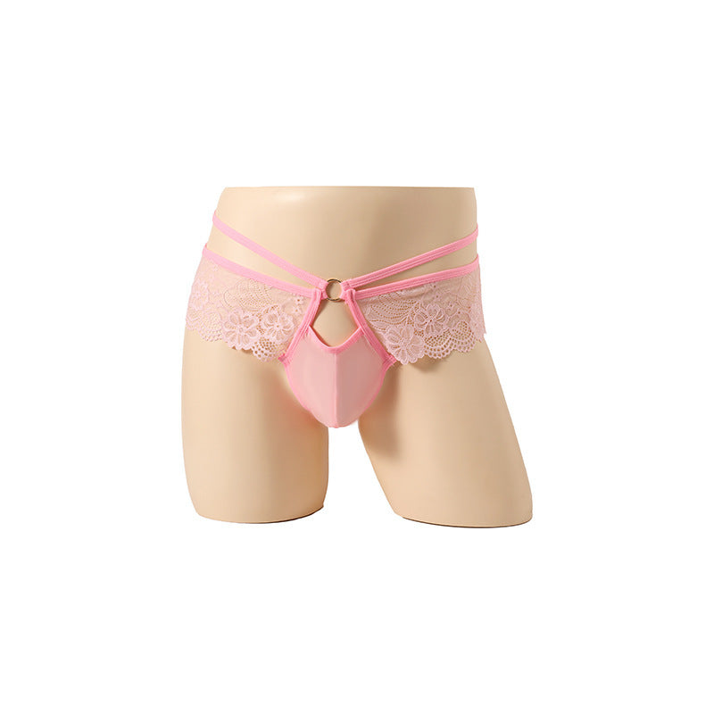 Pink Floral Lace Ruffle Double Strap Thong flat lay