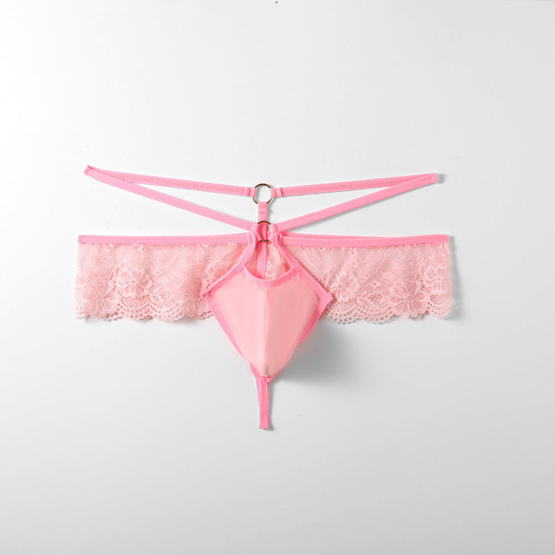 Flat lay of pink Floral Lace Ruffle Double Strap Thong