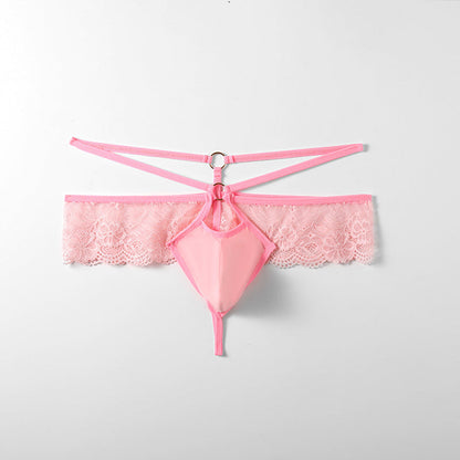 Flat lay of pink Floral Lace Ruffle Double Strap Thong