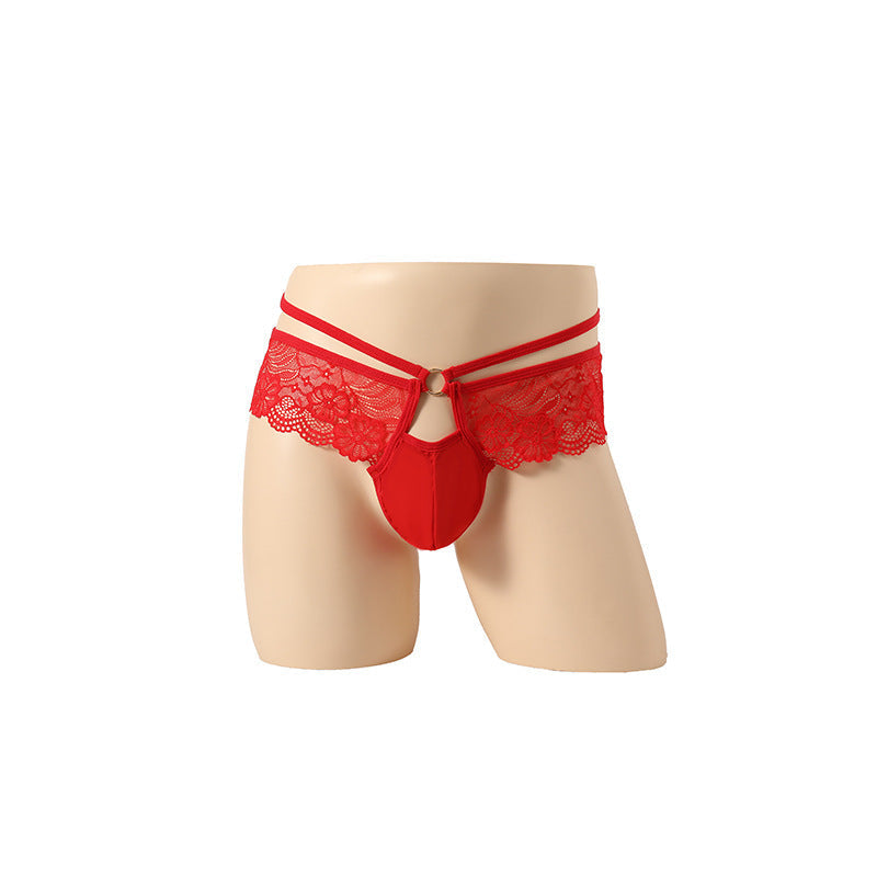 Red Floral Lace Ruffle Double Strap Thong flat lay