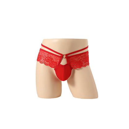 Red Floral Lace Ruffle Double Strap Thong flat lay
