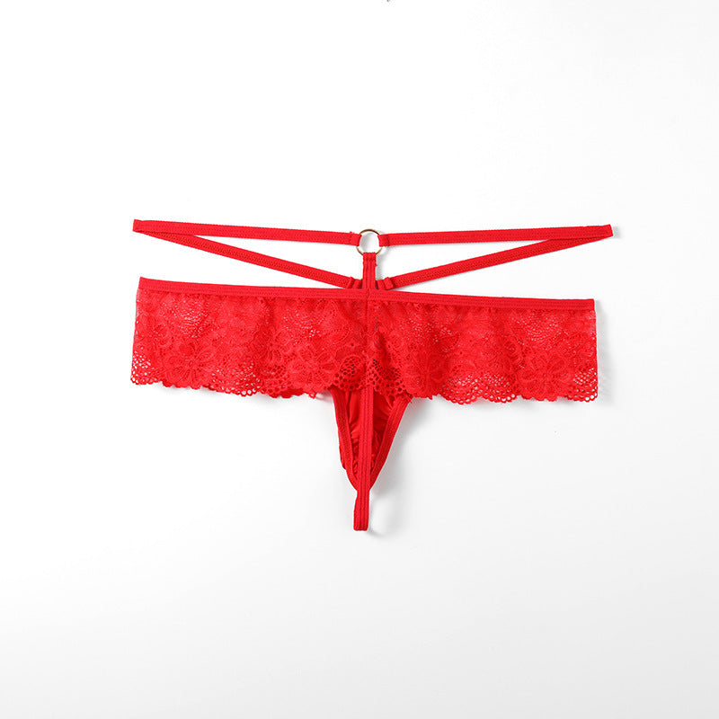 Flat lay of red Floral Lace Ruffle Double Strap Thong