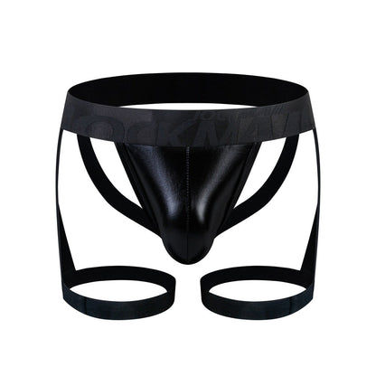 Black Metallic Hollow Out Leg Band Jockstrap flat lay