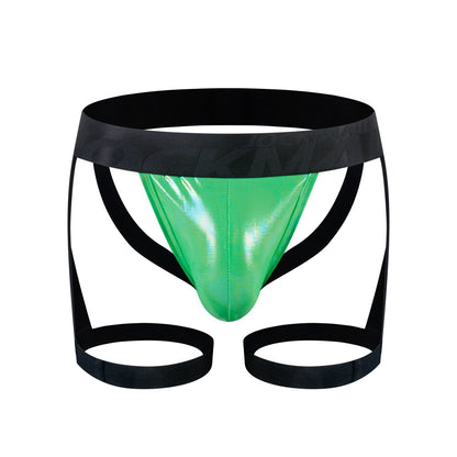 Green Metallic Hollow Out Leg Band Jockstrap flat lay
