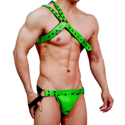 Green Faux Leather Jockstrap Shoulder Harness Set side view