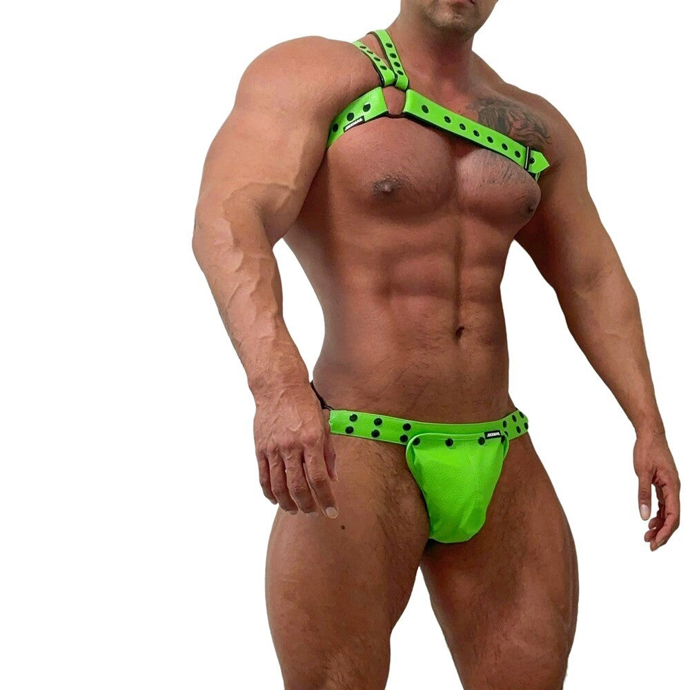 Alternate view of green Faux Leather Jockstrap Shoulder Harness Set