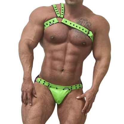 Green Faux Leather Jockstrap Shoulder Harness Set product view