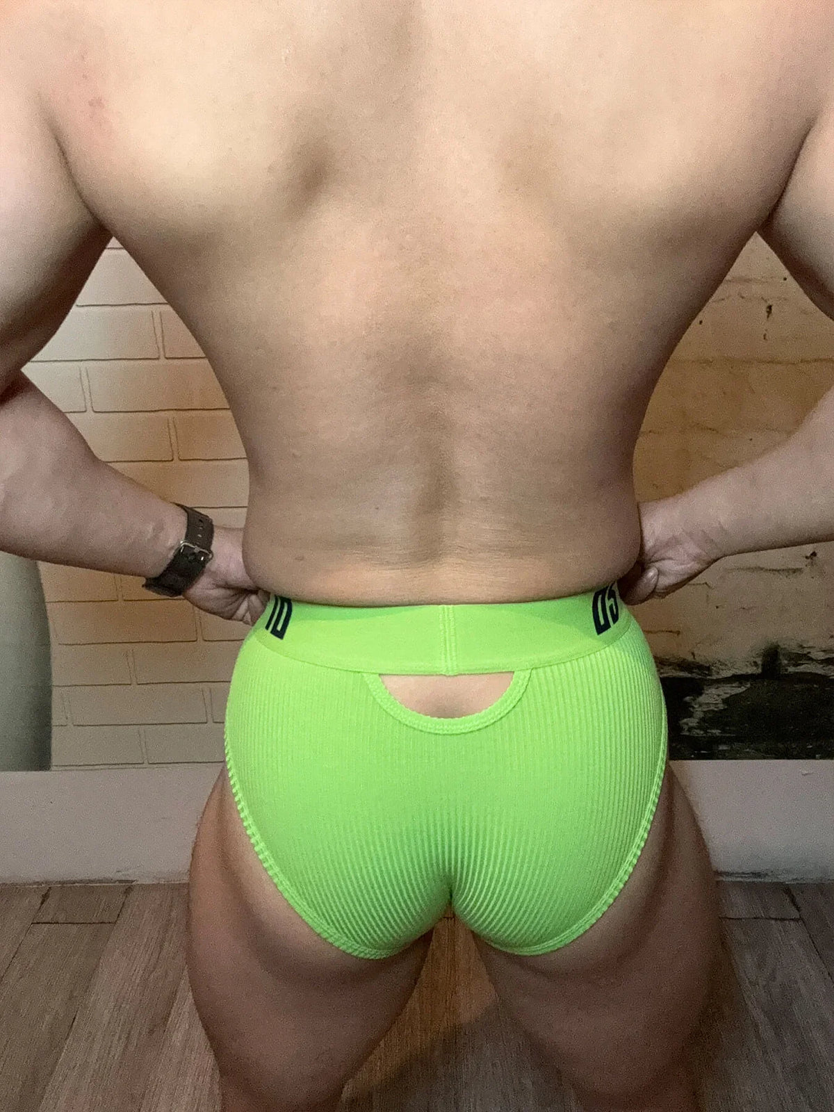 Green Cotton Pouch Cutout Low Rise Brief rear fit on model
