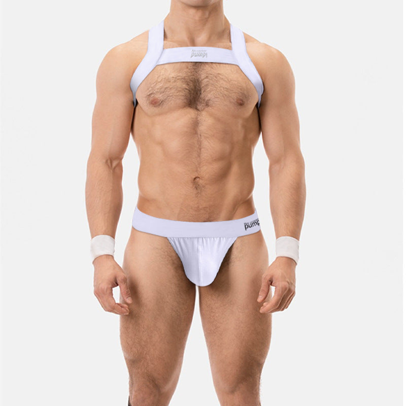 White Double Strap Open Back Jockstrap Harness Set product view