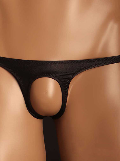 Black Round Cutout Hollow Front Low Rise Thong front view
