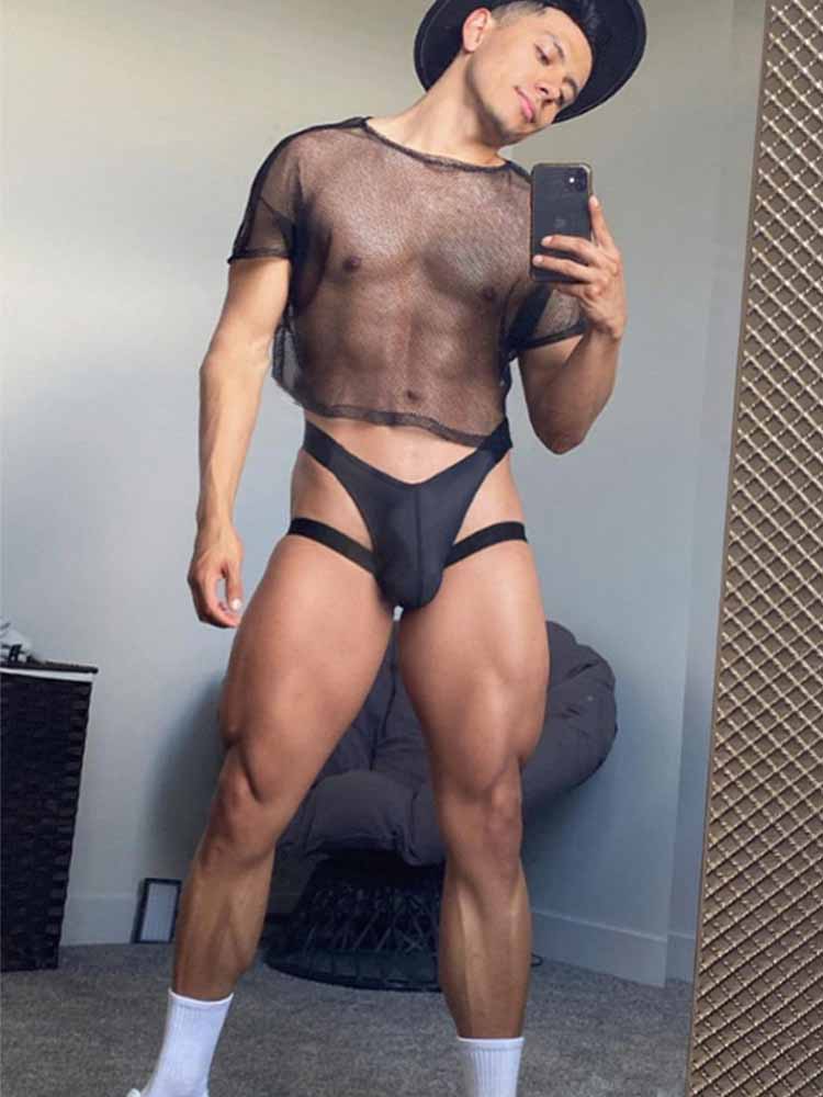 Black Ice Silk Leg Band U Pouch Thong front view