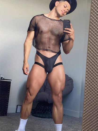 Black Ice Silk Leg Band U Pouch Thong front view