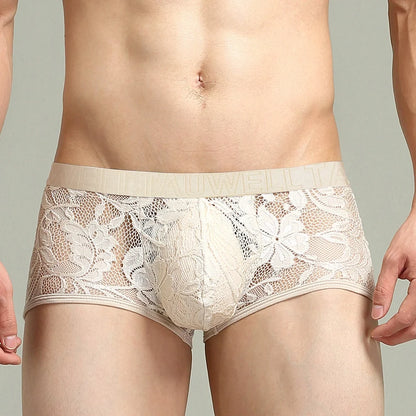 Front Close View of ivory Floral Jacquard Lace Boxer Shorts