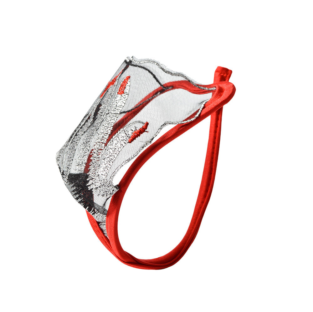 Red Embroidered Sheer Lace C String flat lay