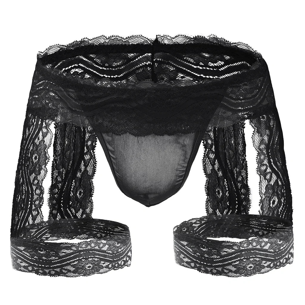 Black Sheer Lace Garter Open Back Jockstrap flat lay