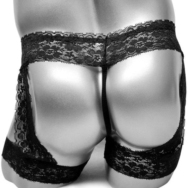 Black Sheer Lace Garter Open Back Jockstrap back view