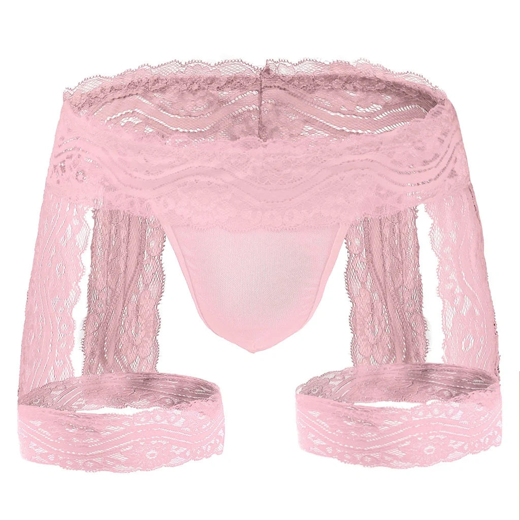 Pink Sheer Lace Garter Open Back Jockstrap flat lay