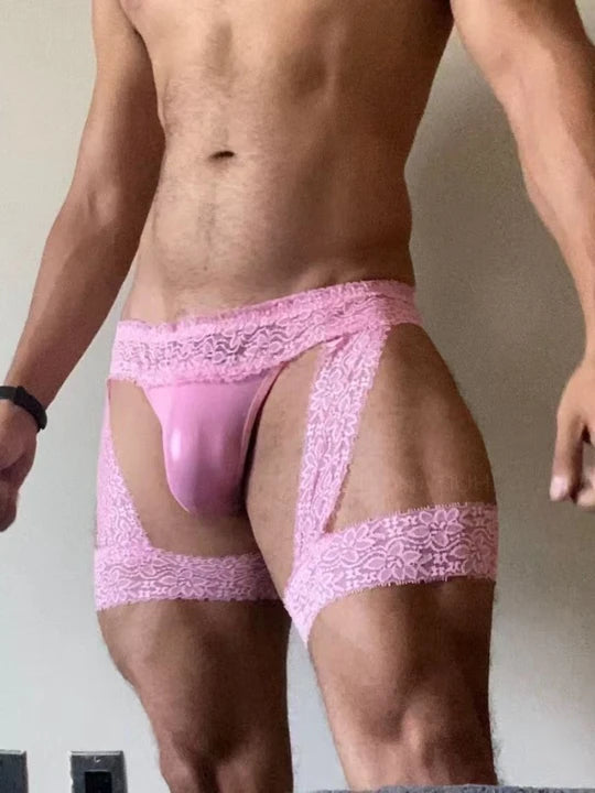 Pink Sheer Lace Garter Open Back Jockstrap front view