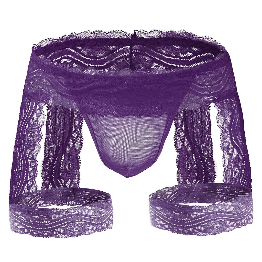 Purple Sheer Lace Garter Open Back Jockstrap flat lay
