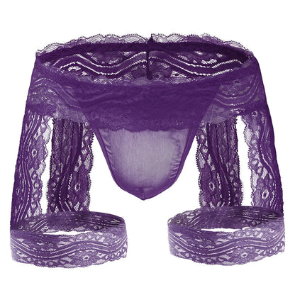 Purple Sheer Lace Garter Open Back Jockstrap flat lay