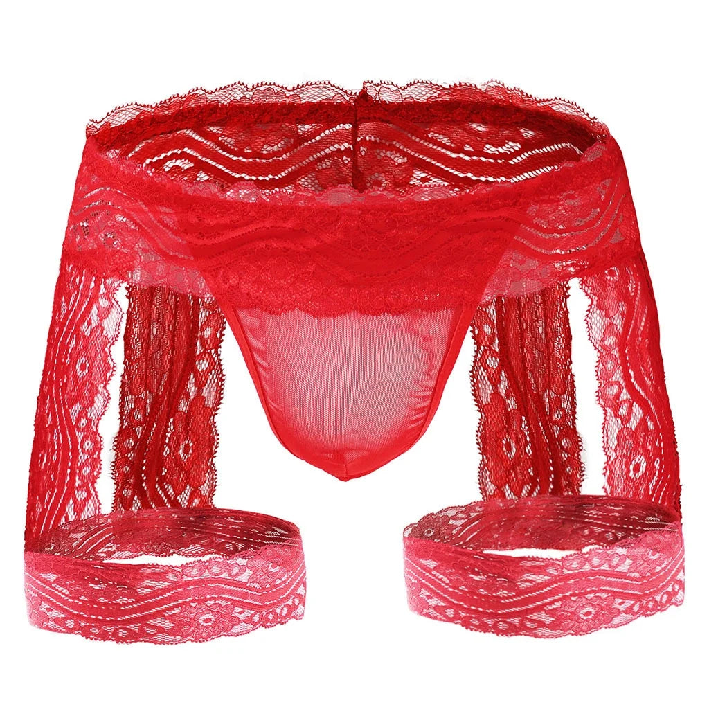 Red Sheer Lace Garter Open Back Jockstrap flat lay