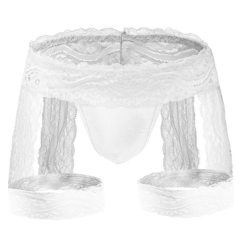 White Sheer Lace Garter Open Back Jockstrap flat lay