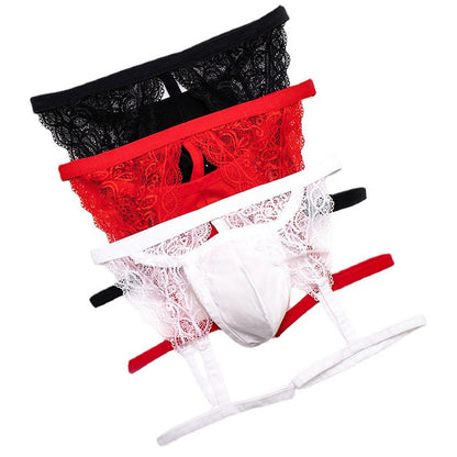 Additional perspective of Sheer Lace Garter Thong With Thigh Straps
