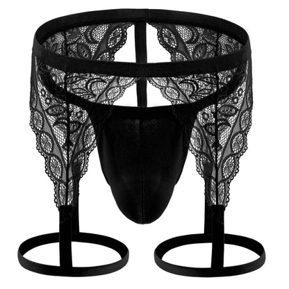Black Sheer Lace Garter Thong With Thigh Straps flat lay