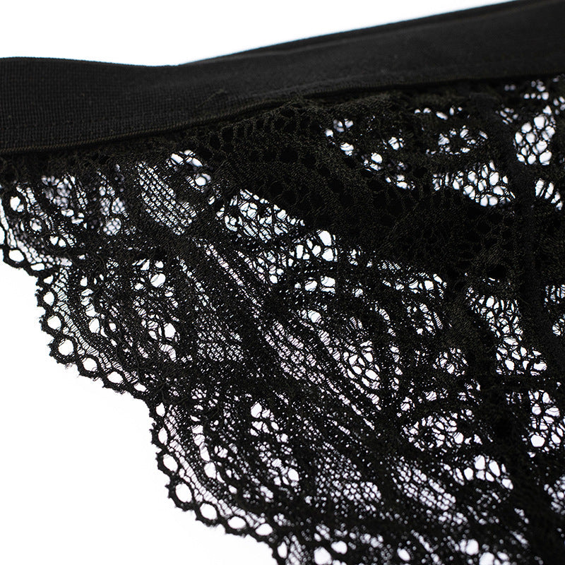 Black Sheer Lace Garter Thong With Thigh Straps detail view