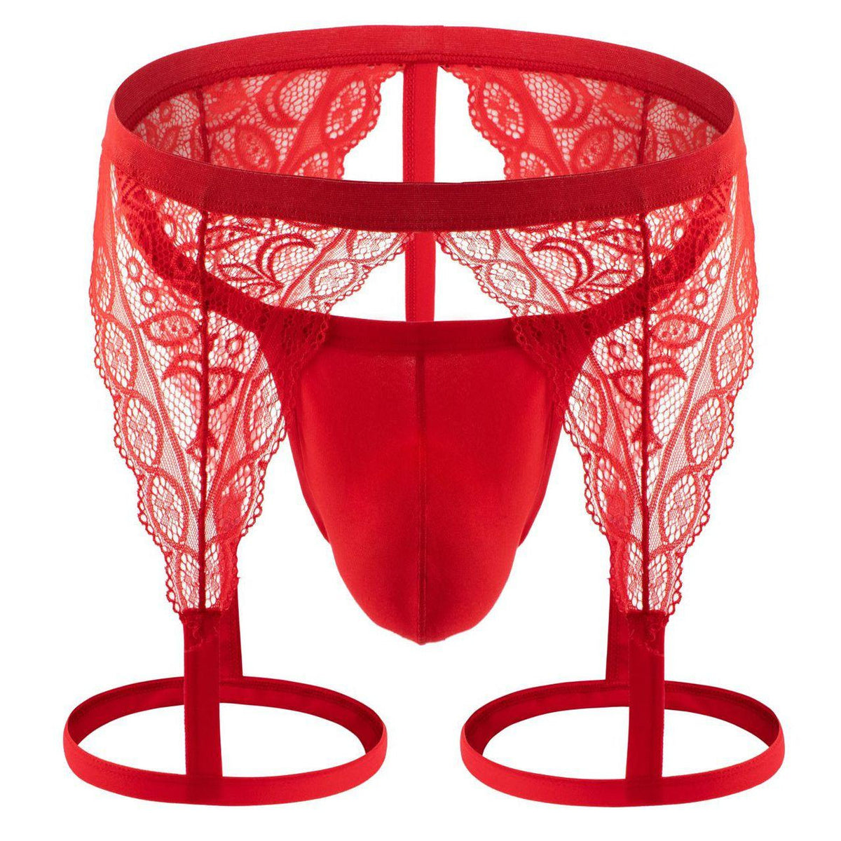 Red Sheer Lace Garter Thong With Thigh Straps flat lay