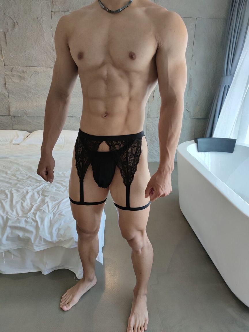 Product presentation of Sheer Lace Garter Thong With Thigh Straps