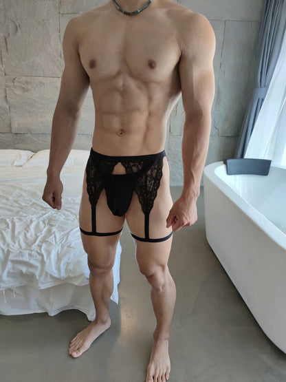 Product presentation of Sheer Lace Garter Thong With Thigh Straps
