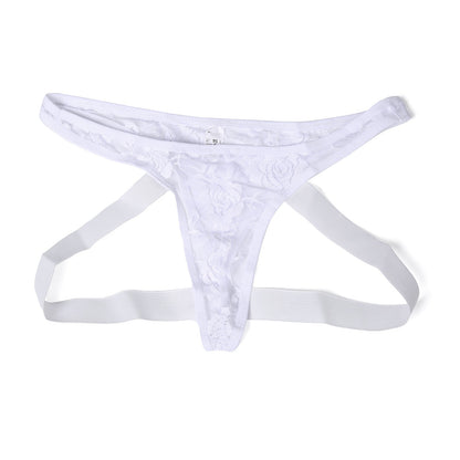 Floral Sheer Lace Low Rise Jockstrap in white shown from the back