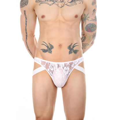 White Floral Sheer Lace Low Rise Jockstrap front view
