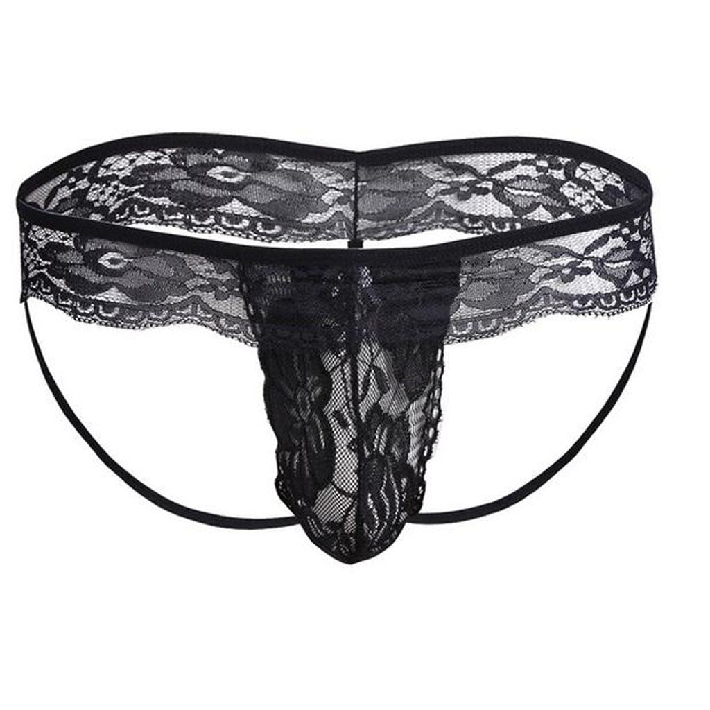Black Sheer Lace Open Back Thong front view