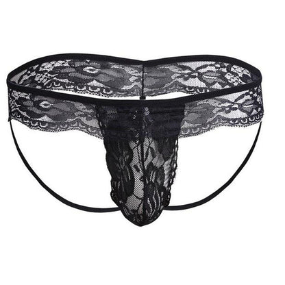 Black Sheer Lace Open Back Thong front view
