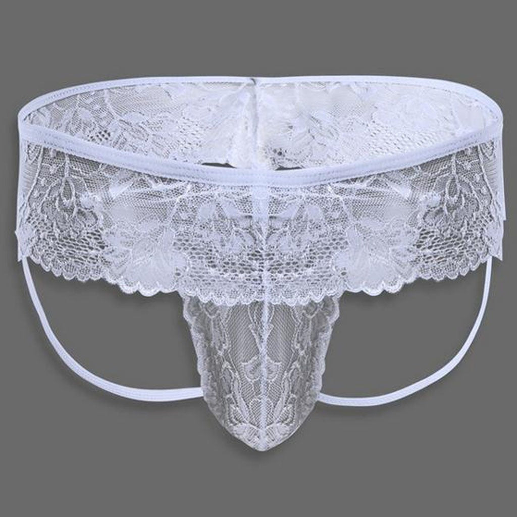 White Sheer Lace Open Back Thong front view