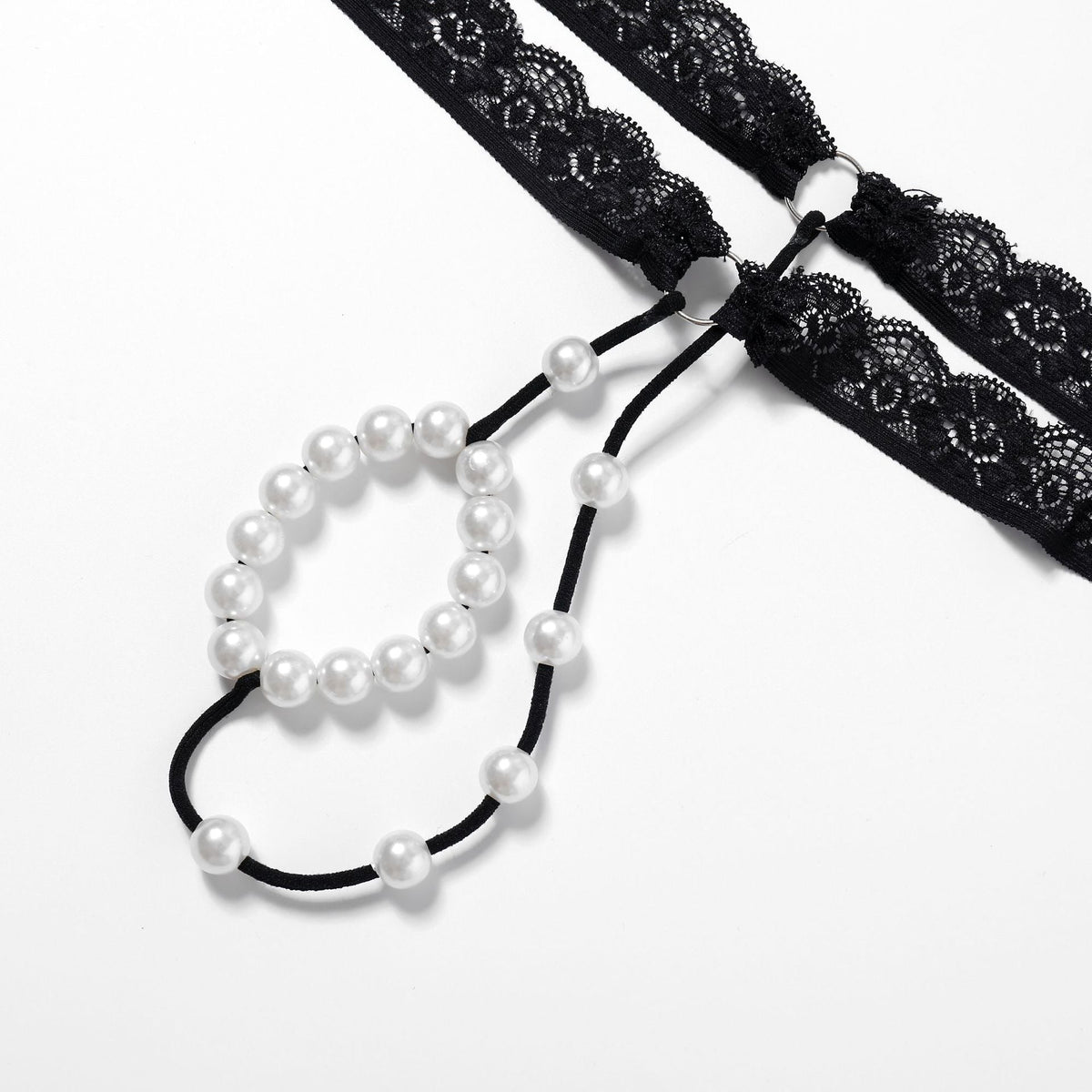 Black Lace Pearl Ring Open Front G String detail view
