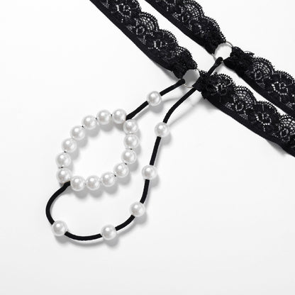 Black Lace Pearl Ring Open Front G String detail view
