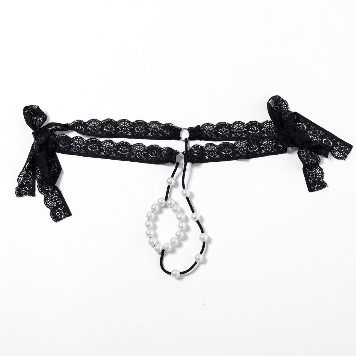 Black Lace Pearl Ring Open Front G String flat lay
